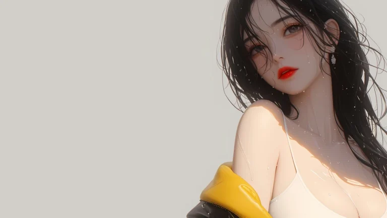 纯色背景湿发吊带少女黄外套半身人像