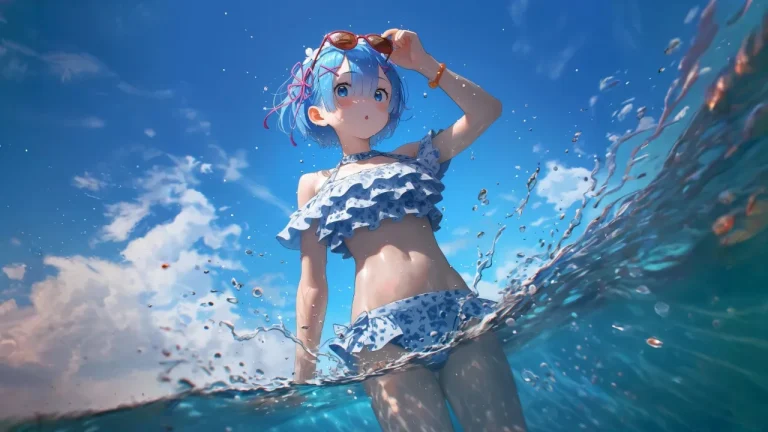 夏日海边蓝发少女戏水清爽治愈动漫人物4K电脑壁纸