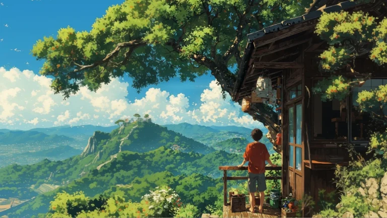山间木屋少年眺望青山夏日治愈日系动漫风景