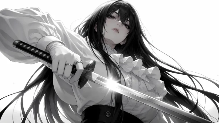 黑白二次元持武士刀清冷飒爽少女4K电脑壁纸