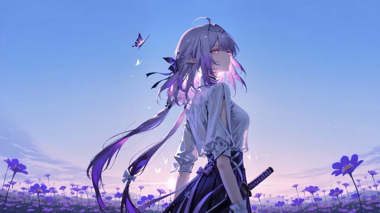 唯美紫蓝花海佩剑少女回眸蝴蝶飞