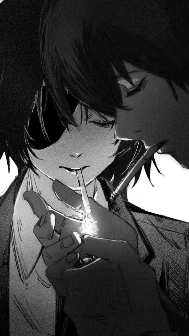 眼罩少女男生点烟黑白漫画风二次元人物插画