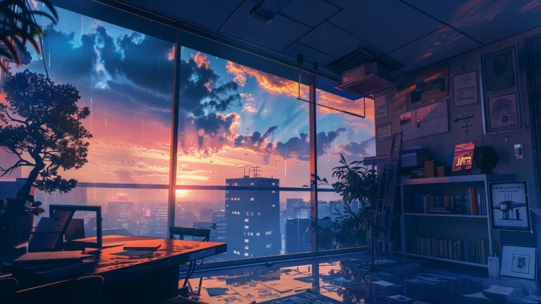 高层办公室落地窗黄昏城市晚霞动漫风景场景
