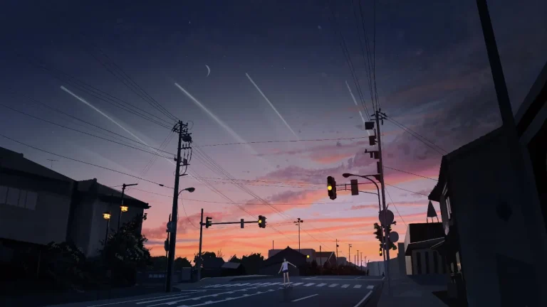暮色街道少年穿行夜空划过数道流星4K电脑壁纸