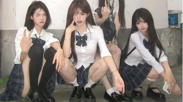 白衬衫格裙JK少女组团蹲姿街拍清新人像