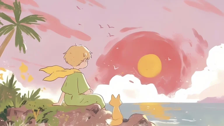 海边落日小王子与狐狸治愈插画