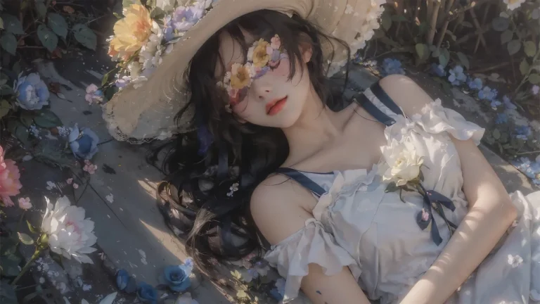 花海少女头戴草帽置身烂漫花丛氛围感插画4K电脑壁纸