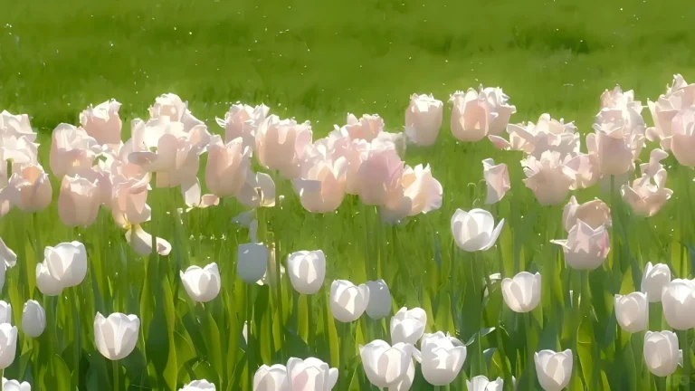 春日阳光洒落梦幻淡粉郁金香花海