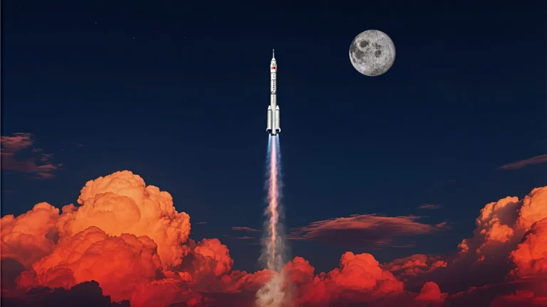 火箭冲破云霞奔赴皎洁明月夜空4K电脑壁纸