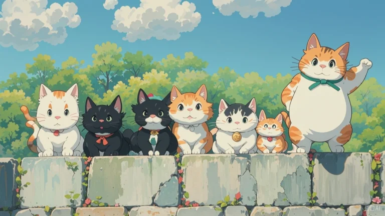 宫崎骏风墙头可爱猫咪群清新治愈插画