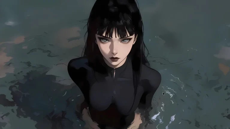 水中黑长直冷艳少女暗黑系动漫插画
