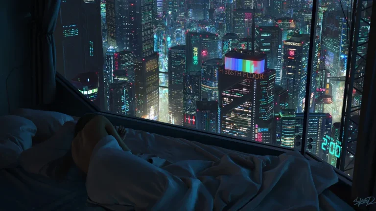 赛博都市高楼夜景窗前入眠的孤独少女4K电脑壁纸