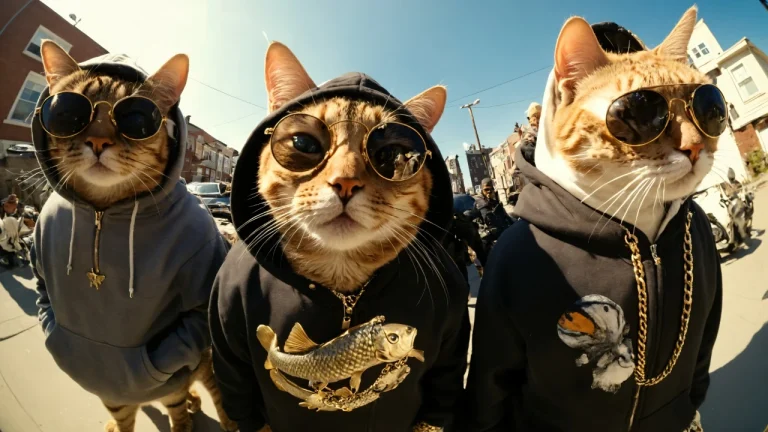 街头潮酷三只橘猫墨镜连帽衫大金链