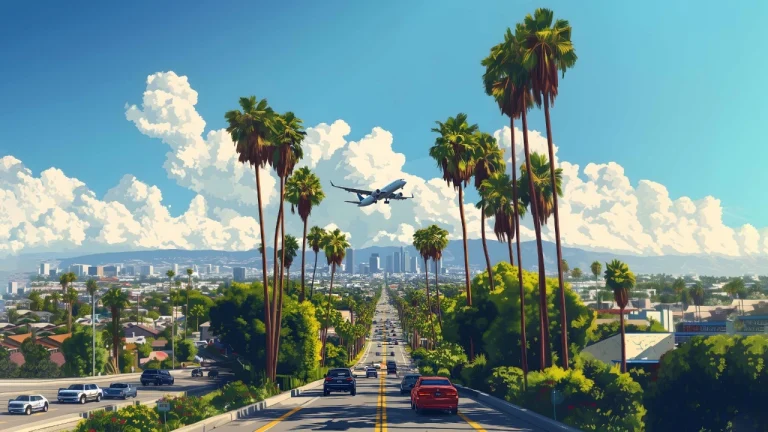 棕榈公路飞机晴空动漫城市插画