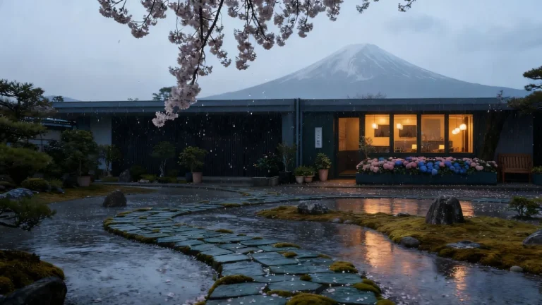 雨中富士山庭院樱花落雨静谧禅意景致4K电脑壁纸