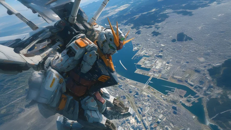高空俯瞰都市机甲高达写实科幻插画