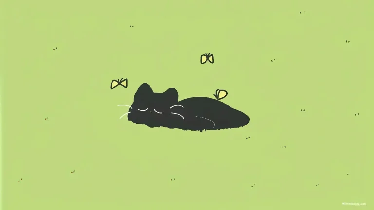 简约风小黑猫草地休憩可爱手绘插画4K电脑壁纸