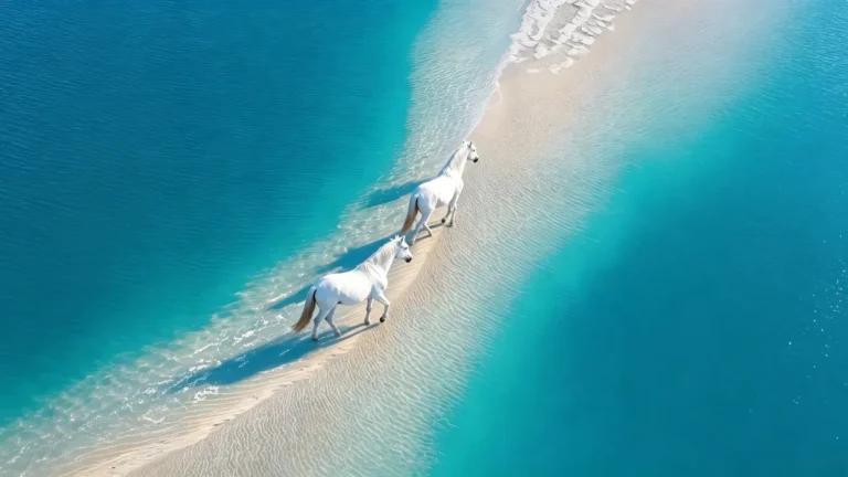 碧海沙洲两匹白马漫步极具治愈感自然图景4K电脑壁纸