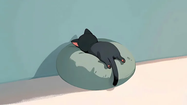 慵懒小黑猫瘫睡软垫柔和治愈系插画4K电脑壁纸
