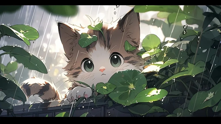 动漫雨后绿叶丛中呆萌小猫治愈