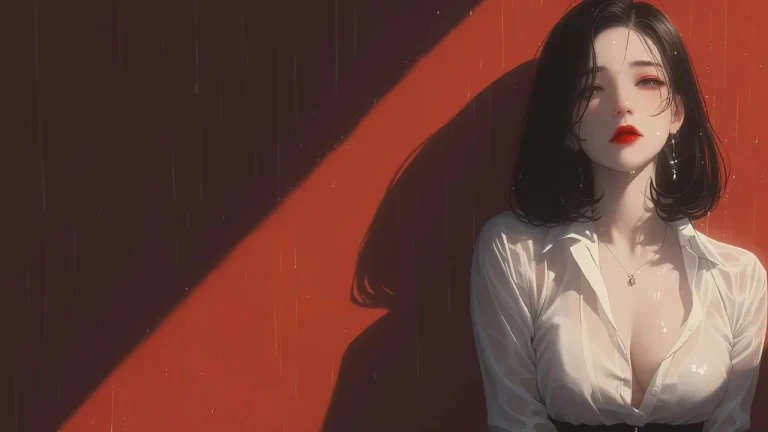 红墙雨幕短发红唇气质御姐氛围感写实插画
