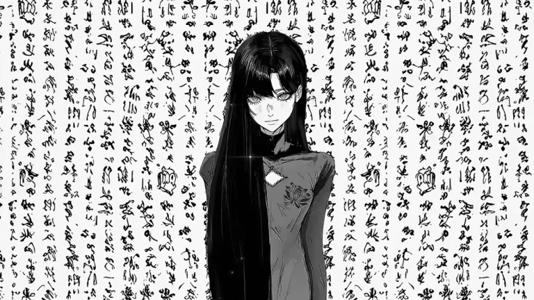 黑白漫画风黑发少女手写书法背景氛围感