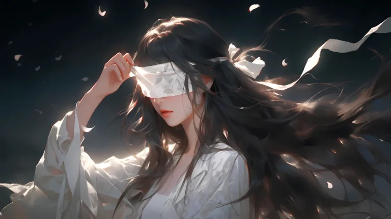 古风蒙眼黑发白衣少女氛围感4K电脑壁纸