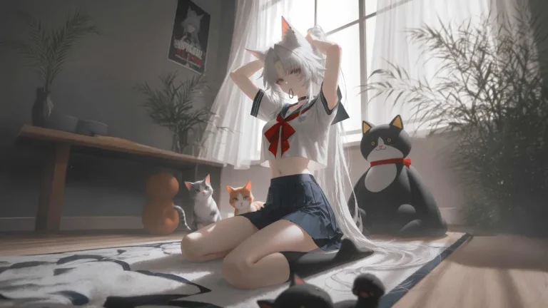 兽耳白发少女居家房间猫咪治愈氛围感画面4K电脑壁纸