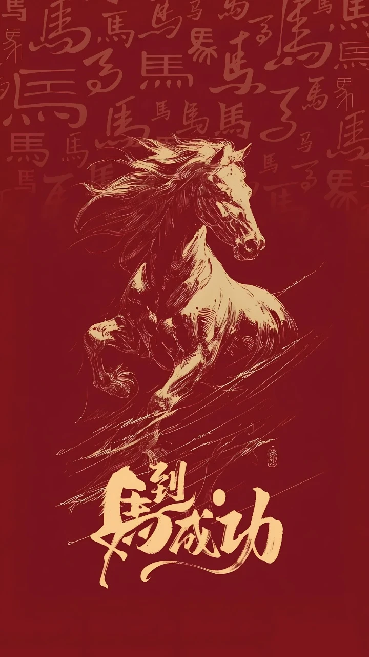 红底国风奔马马到成功毛笔书法励志插画