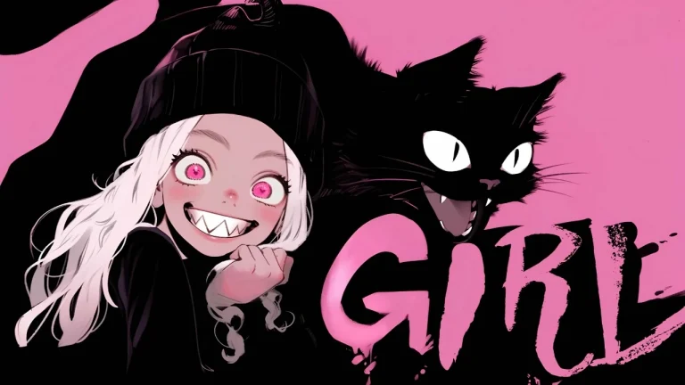 暗黑风粉瞳白毛少女与黑猫GIRL涂鸦
