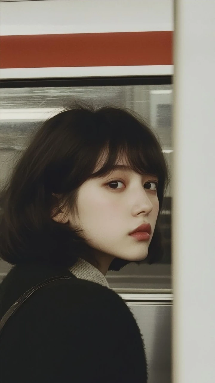 地铁短发少女电影感回眸清冷氛围