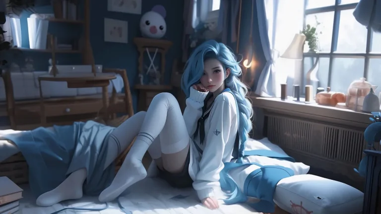 蓝发少女居家房间4K电脑壁纸