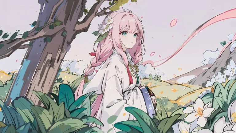 粉发汉服少女伫立山野繁花林间4K电脑壁纸
