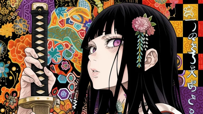 和风武士少女手持太刀绚烂花纹背景4K电脑壁纸