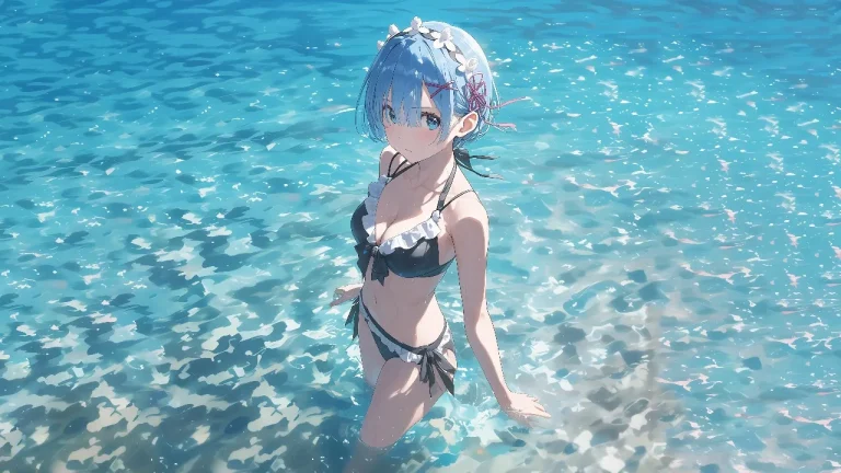 碧海浅滩蓝发蕾姆泳装清新人物画面4K电脑壁纸