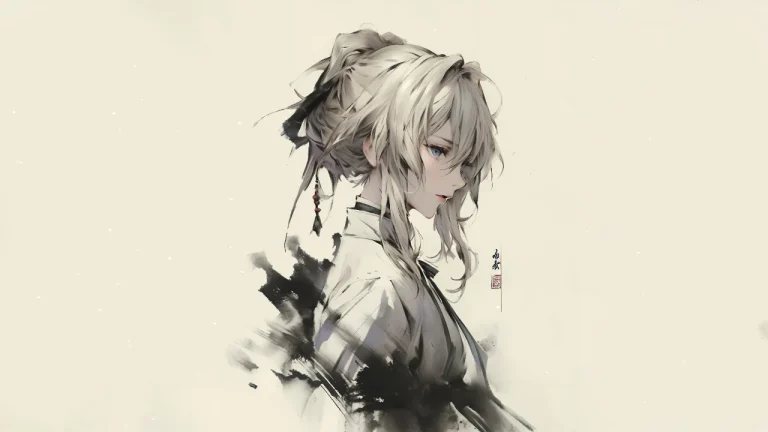 水墨风银发薇尔莉特侧颜古风插画