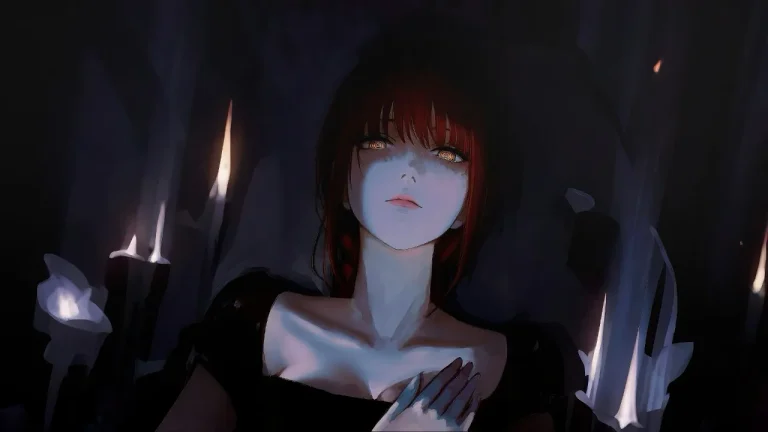 烛火环绕红发少女暗调氛围感动漫插画4K电脑壁纸