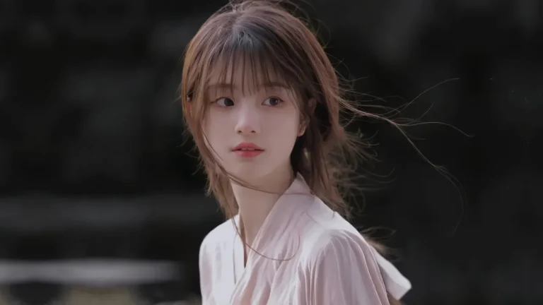 浅粉古风服饰温柔少女风吹发丝氛围感