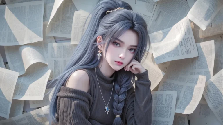 蓝发高马尾少女报纸背景唯美3D