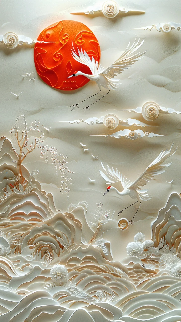 国风纸雕层叠红日仙鹤山水吉祥唯美插画
