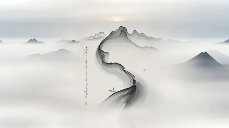 新中式水墨意境云海孤舟流动山脉