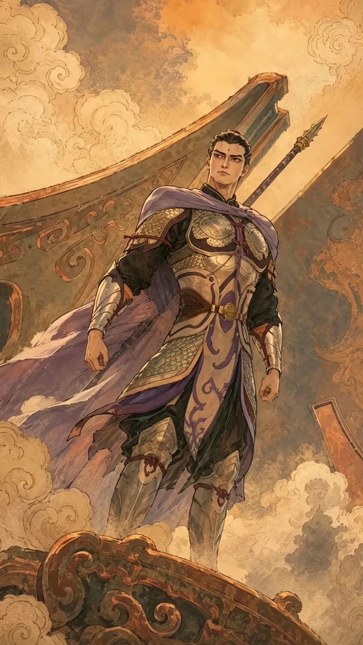 八仙动画电影紫袍铠甲武将立于祥云古船原画