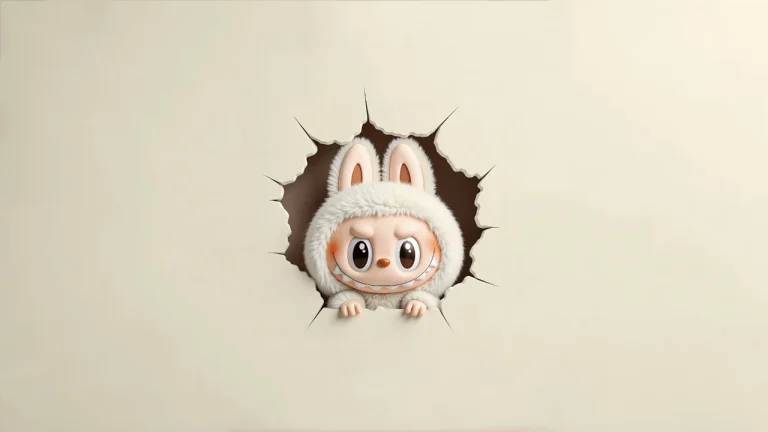 萌系白色Labubu从墙洞探出身子趣味卡通插画