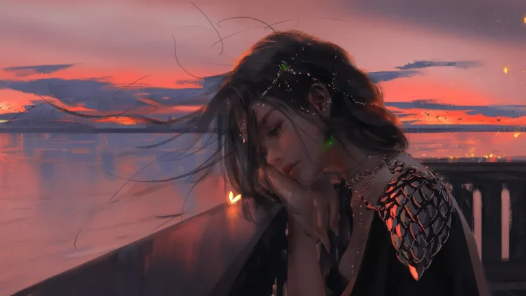 黄昏海边少女落日晚霞治愈厚涂插画4K电脑壁纸