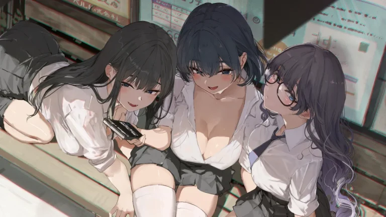 校服少女结伴休憩氛围感二次元人物4K电脑壁纸