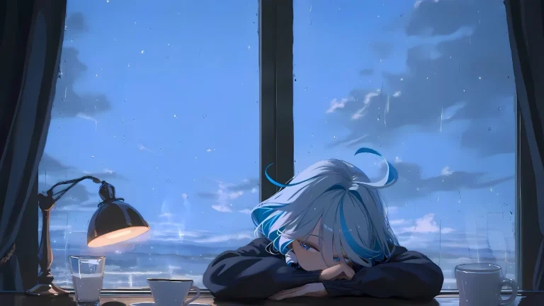 蓝发少女雨天窗边慵懒托腮暖灯氛围
