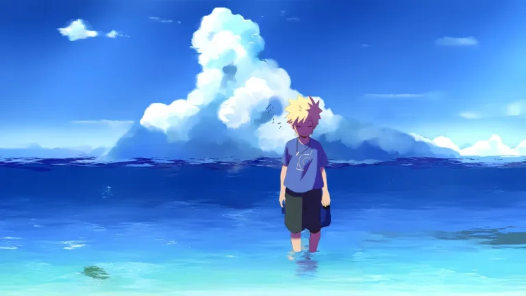 碧海晴空少年伫立海面治愈动漫画面4K电脑壁纸