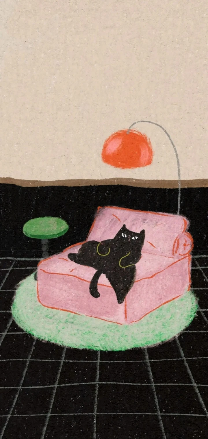 慵懒黑猫躺粉色沙发居家治愈手绘质感插画