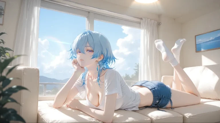 蓝发少女沙发慵懒居家阳光动漫