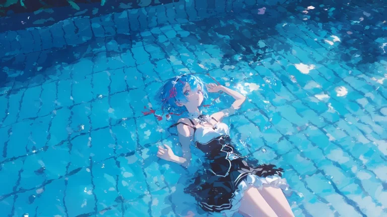 澄澈泳池水中漂浮蓝发少女蕾姆唯美画面4K电脑壁纸